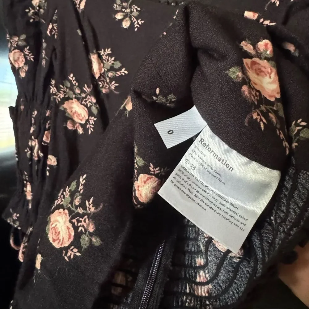 Reformation Nina Black Floral Smocked Puff Sleeve Blouse Top